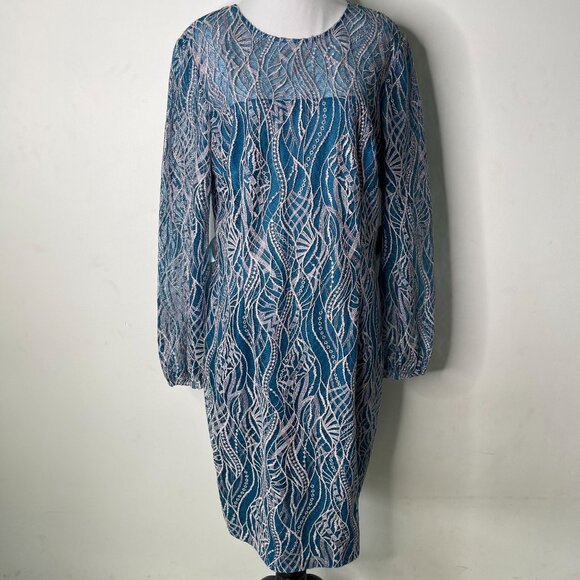 NWT JS Collections Women's Blue Aqual Long Sleeve Embroidered Midi Dress Size 14 - Picture 1 of 12